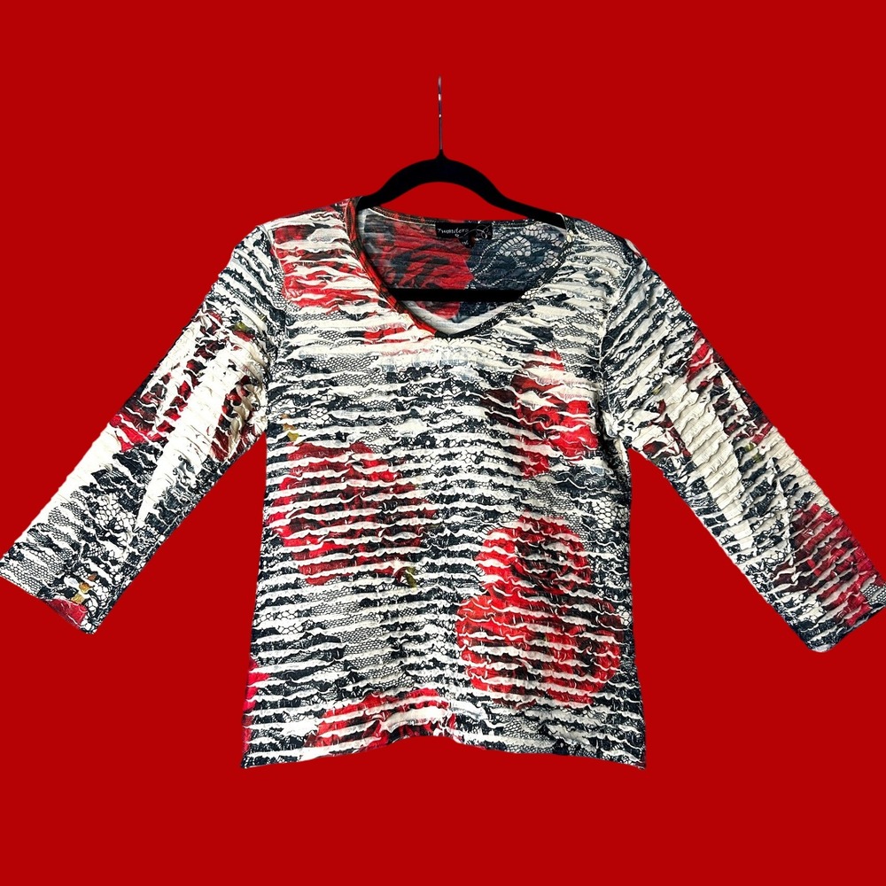 Womens Dark Floral Y2K Ruffle Top Sz PM Fairy Grunge Abstract Rose Stretch Mesh